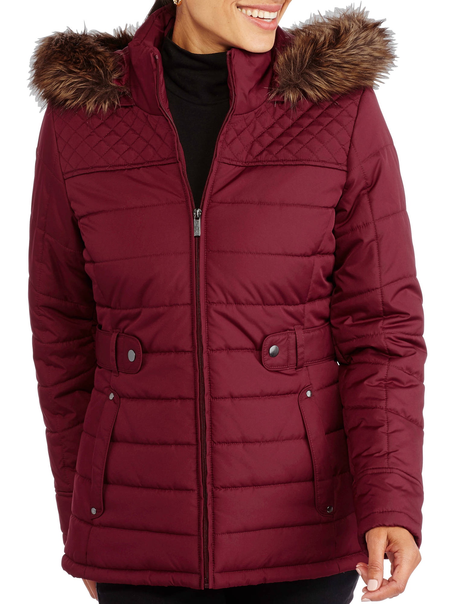 Women's Fashion Puffer Coat With Fur-Trimmed Hood - image 1 of 2