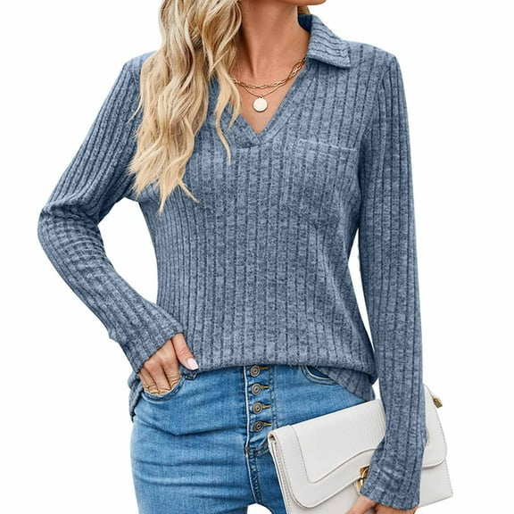 Women's Fashion Pullover Knitted Ribbed Shirts Long Sleeve V-Neck Blouse Tops Casual Fall Clothes for Women 2025 Blue M