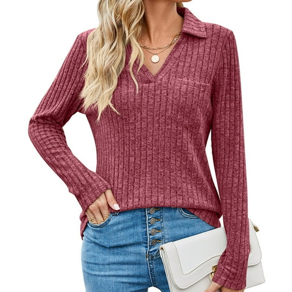 Women's Fashion Pullover Knitted Ribbed Shirts Long Sleeve V-Neck Blouse Tops Casual Fall Clothes for Women 2025 Wine L