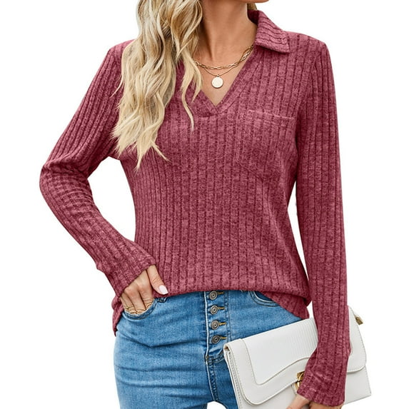 Women's Fashion Pullover Knitted Ribbed Shirts Long Sleeve V-Neck Blouse Tops Casual Fall Clothes for Women 2025 Wine M