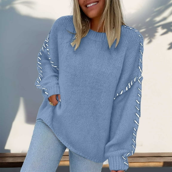 Women's Fashion Pullover Solid Color Crew Neck Long Sleeved Top Wear Rope Loose Knit Sweater