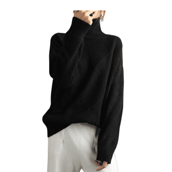 Women’s Fashion Pullover Sweater, Solid Color High Diamond-Pattern Knit Top, Smooth Soft Texture Casual Long Sleeve Sweater for Daily Wear and Layering