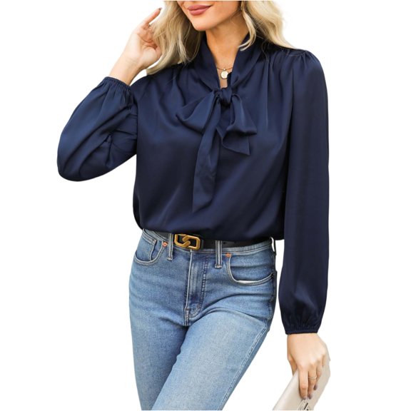 Women's Fashion Pure Color Round Neck Long Sleeve Lace Bow Casual Versatile Shirt Top - Bow Tie Detail, Lace Trim, Elegant Blouse, Office or Casual Wear,Dark Blue,S