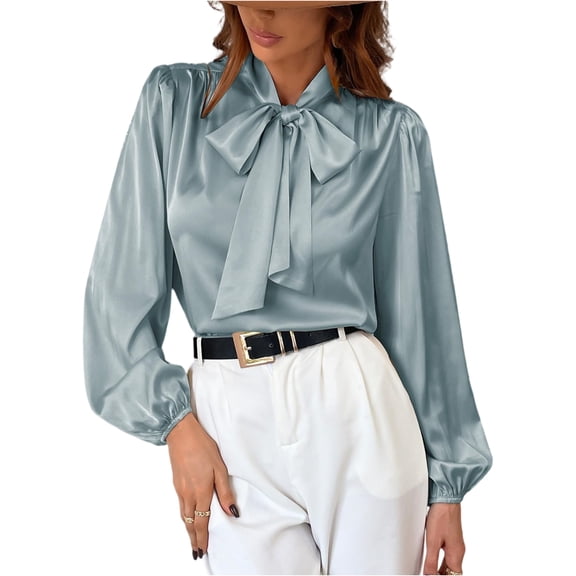 Women's Fashion Pure Color Round Neck Long Sleeve Lace Bow Casual Versatile Shirt Top - Bow Tie Detail, Lace Trim, Elegant Blouse, Office or Casual Wear,Light Blue,S