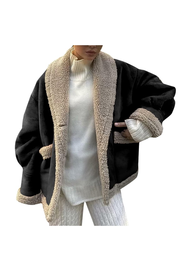 Women's Fashion Retro Coat with Notched Lapel Collar, Loose Fit Top Coat for Vintage Inspired Casual and Smart Casual Occasions,Black,L