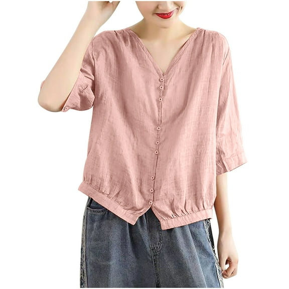 Women's Fashion Retro Embroidered V-neck Button Front Blouse, Short Sleeve, Five Quarter Sleeve, Stylish Casual Shirt, Vintage Inspired, Lightweight and Comfortable Summer Top for Women