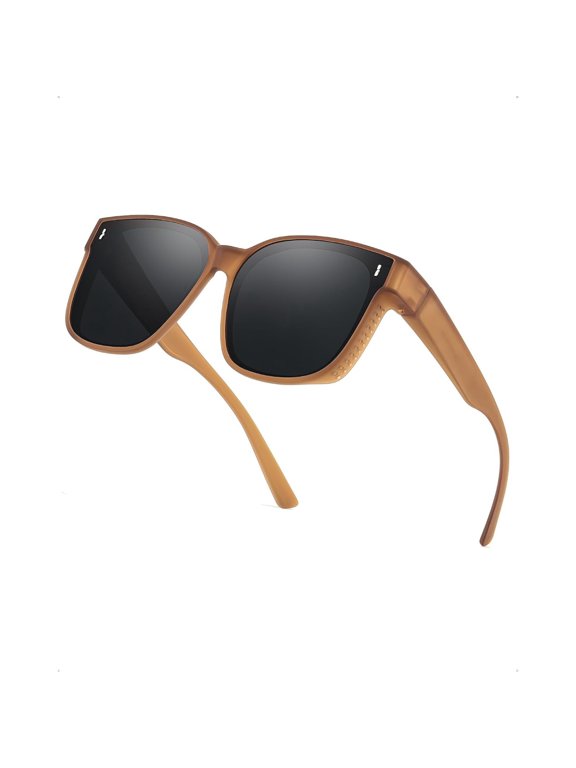 Women's Fashion Retro Oversized Square Fit Over Rx Glasses Sunglasses, UV400 Dark Tinted Lenses Big Frame Lightweight for Daily Outdoor Driving Beach
