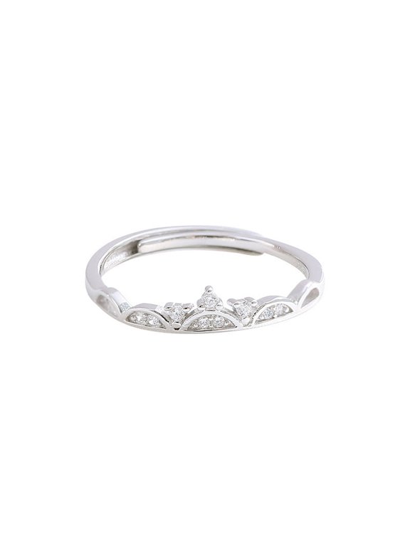 Womens Crown Ring Adjustable Copper Ring with Inlaid Zircon Flower Shadow Fashion Ring Retro Ring White Gold Color