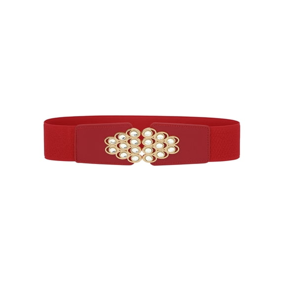 Women's Fashion Rhinestone Wide Elastic Belts Thick Stretch Waistband for Dress Shirts Red One Size