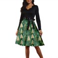 thumbnail image 1 of Women's Fashion Round Casual Slim Fit Christmas Print Large Swing Long Sleeve Dress, V-Neck, Holiday Print, Retro Style, Party Wear, Flare Hem,Army Green,S, 1 of 6