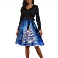 thumbnail image 1 of Women's Fashion Round Casual Slim Fit Christmas Print Large Swing Long Sleeve Dress, V-Neck, Holiday Print, Retro Style, Party Wear, Flare Hem,Blue,S, 1 of 6