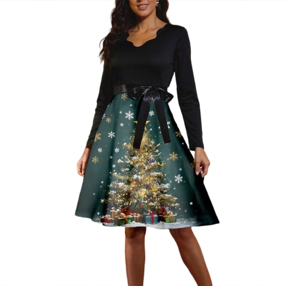 Women's Fashion Round Casual Slim Fit Christmas Print Large Swing Long Sleeve Dress, V-Neck, Holiday Print, Retro Style, Party Wear, Flare Hem,Dark Green,S