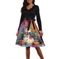 thumbnail image 1 of Women's Fashion Round Casual Slim Fit Christmas Print Large Swing Long Sleeve Dress, V-Neck, Holiday Print, Retro Style, Party Wear, Flare Hem,Purple Pink,M, 1 of 6