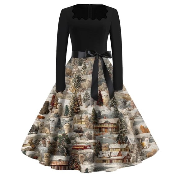 Women's Fashion Round Neck Casual Slim Christmas Printed Long Sleeve Dresses, Square Neck, Holiday Print, Retro Style, Party Wear, Slim Fit, Festive,Army Green,S