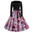 thumbnail image 1 of Women's Fashion Round Neck Casual Slim Christmas Printed Long Sleeve Dresses, Square Neck, Holiday Print, Retro Style, Party Wear, Slim Fit, Festive,Hot Pink,M, 1 of 6