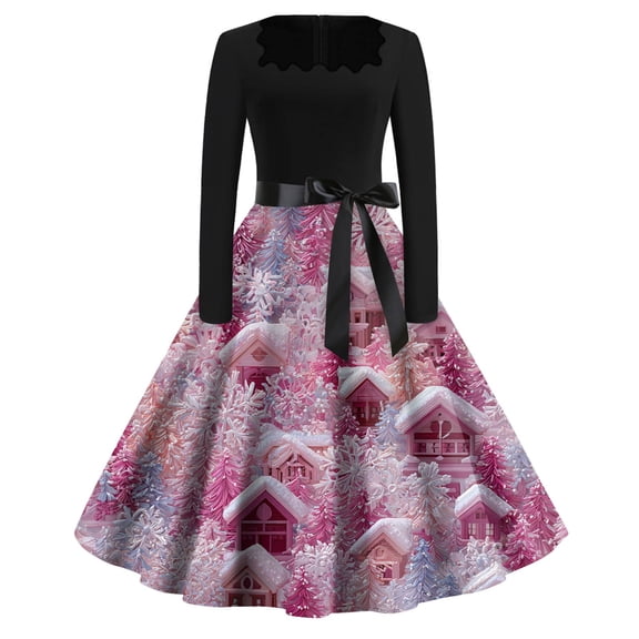 Women's Fashion Round Neck Casual Slim Christmas Printed Long Sleeve Dresses, Square Neck, Holiday Print, Retro Style, Party Wear, Slim Fit, Festive,Hot Pink,L