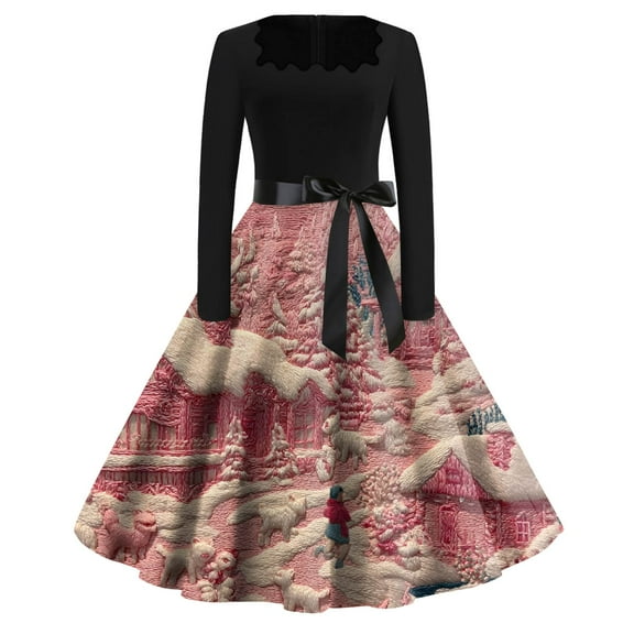 Women's Fashion Round Neck Casual Slim Christmas Printed Long Sleeve Dresses, Square Neck, Holiday Print, Retro Style, Party Wear, Slim Fit, Festive,Pink,S