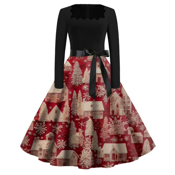 Women's Fashion Round Neck Casual Slim Christmas Printed Long Sleeve Dresses, Square Neck, Holiday Print, Retro Style, Party Wear, Slim Fit, Festive,Red,S