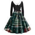 thumbnail image 1 of Women's Fashion Round Neck Casual Slim Christmas Printed Long Sleeve Dresses, V-Neck, Plush Christmas Tree Print, Audrey Dress, Retro Style, Party Wear,Dark Green,3XL, 1 of 5
