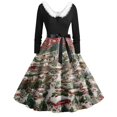 thumbnail image 1 of Women's Fashion Round Neck Casual Slim Christmas Printed Long Sleeve Dresses, V-Neck, Plush Christmas Tree Print, Audrey Dress, Retro Style, Party Wear,Green,S, 1 of 5