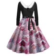 thumbnail image 1 of Women's Fashion Round Neck Casual Slim Christmas Printed Long Sleeve Dresses, V-Neck, Plush Christmas Tree Print, Audrey Dress, Retro Style, Party Wear,Hot Pink,4XL, 1 of 5