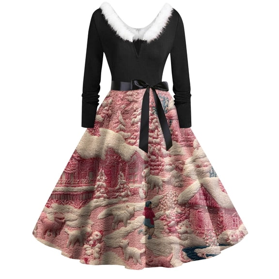 Women's Fashion Round Neck Casual Slim Christmas Printed Long Sleeve Dresses, V-Neck, Plush Christmas Tree Print, Audrey Dress, Retro Style, Party Wear,Watermelon Red,S