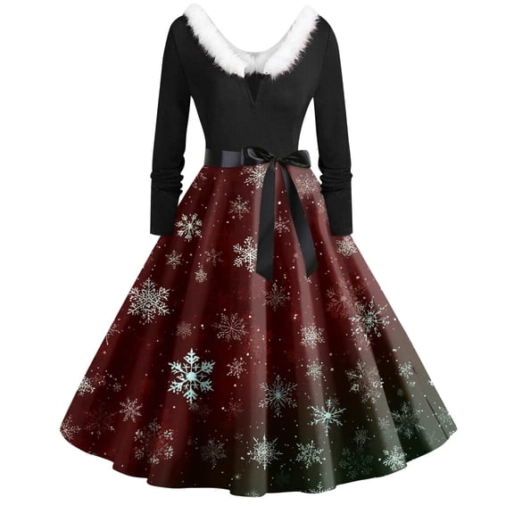 Women's Fashion Round Neck Casual Slim Christmas Printed Long Sleeve Dresses, V-Neck, Plush Christmas Tree Print, Audrey Dress, Retro Style, Party Wear,Wine,S