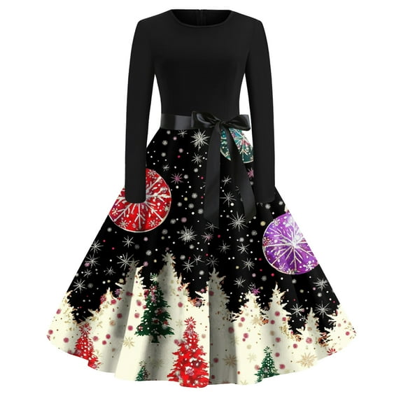 Women's Fashion Round Neck Casual Slim Fit Christmas Print Large Swing Long Sleeve Dress for Holiday and Everyday Fashion, Perfect for Women's Casual Wardrobe,Khaki,2XL