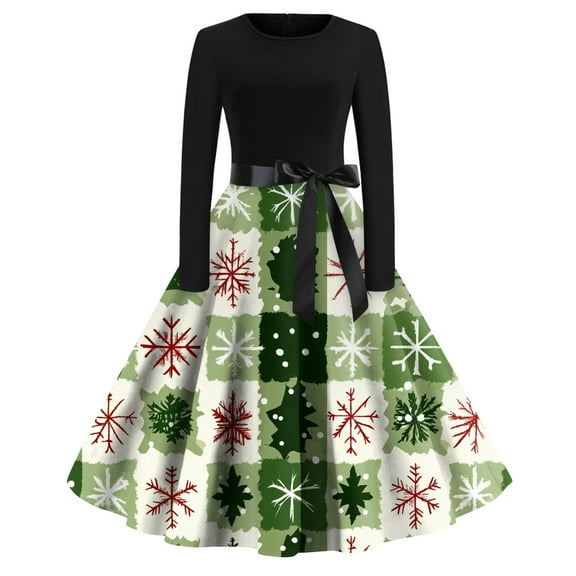 Women's Fashion Round Neck Casual Slim Fit Christmas Print Large Swing Long Sleeve Dress for Holiday and Everyday Fashion, Perfect for Women's Casual Wardrobe,Light Green,L
