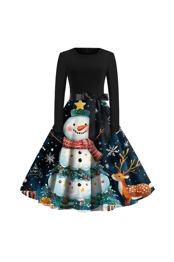 Women's Fashion Round Neck Casual Slim Fit Christmas Print Large Swing Long Sleeve Dress for Holiday and Everyday Fashion, Perfect for Women's Casual Wardrobe,Navy,M