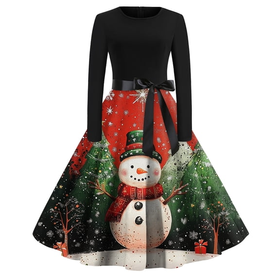 Women's Fashion Round Neck Casual Slim Fit Christmas Print Large Swing Long Sleeve Dress for Holiday and Everyday Fashion, Perfect for Women's Casual Wardrobe,Red,XL