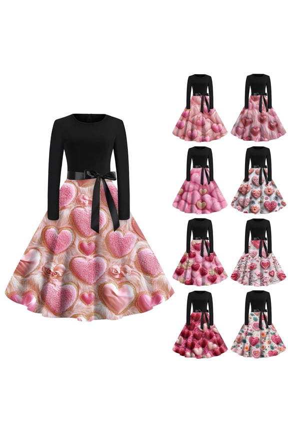 Women's Fashion Round Neck Casual Slim Valentine's Day Printed Long Sleeve Dresses, Elegant Fall and Winter Dress for Special Events, Comfortable Fit,Wine,M