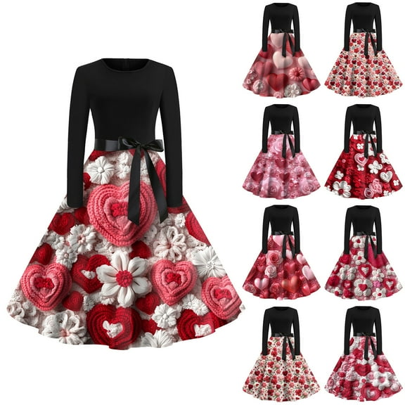 Women's Fashion Round Neck Casual Slim Valentine's Day Printed Long Sleeve Dresses, Fall and Winter Casual Wear with Romantic Design, Soft and Stylish,Purple Pink,M