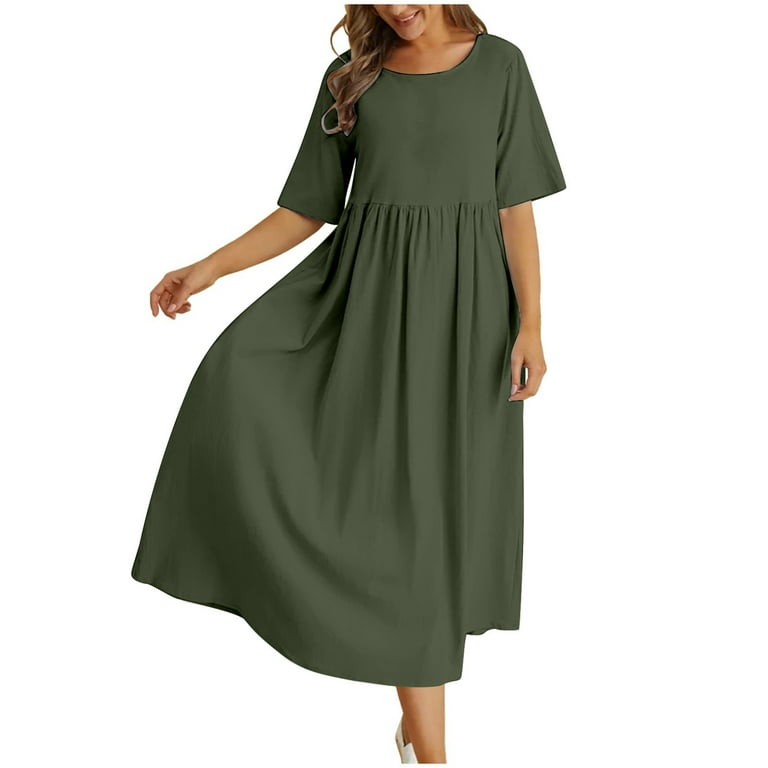 Women s Fashion Round Neck Five Point Sleeve Loose Cotton Pocket Length Dress Walmart