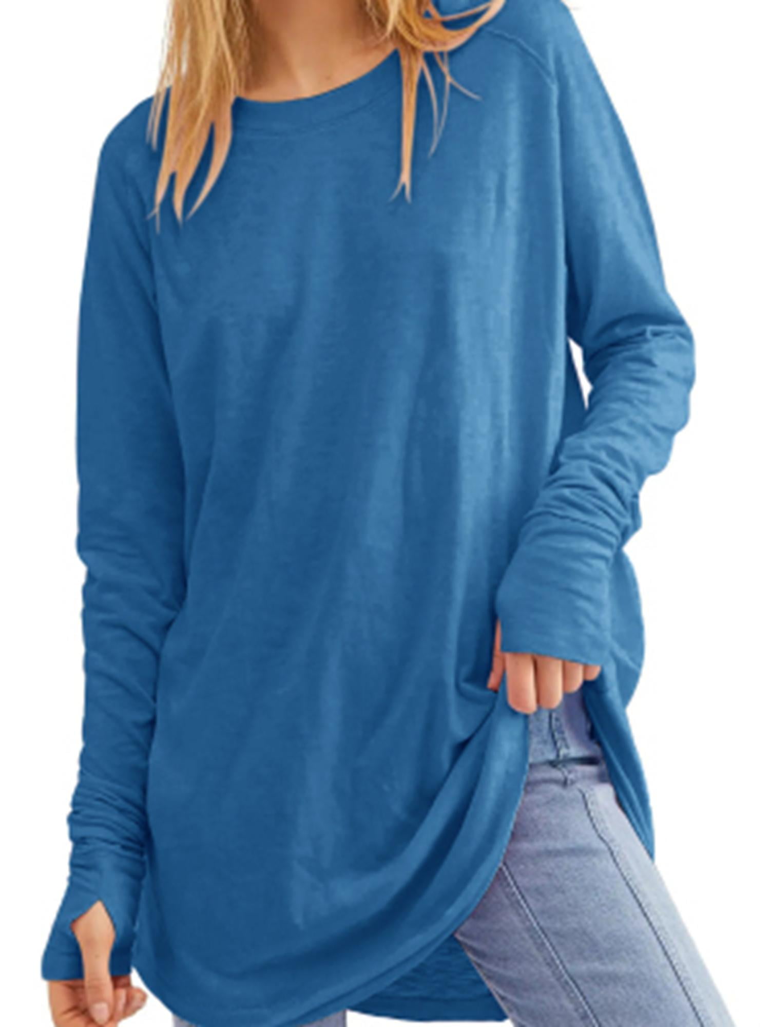 Women's Fashion Round Neck Long Sleeve Shirt Casual Loose Long Sleeve Top with Thumb Hole