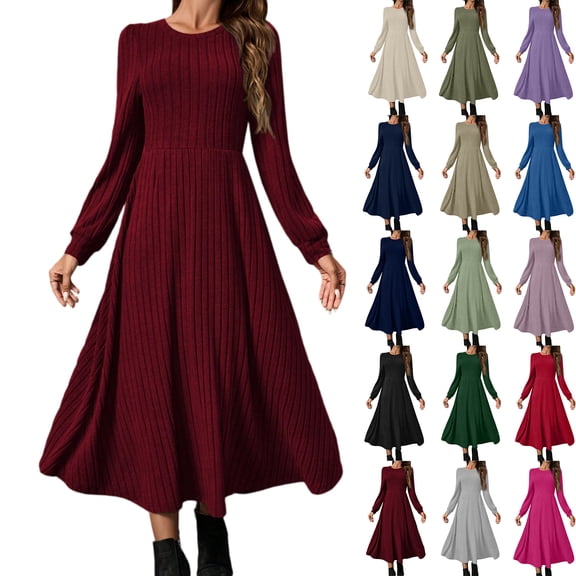 Women's Fashion Round Neck Long Sleeve Solid Color Casual Maxi Dress with Ribbed Trim and Fringe Detail for Winter Layering and Fashion,Red,M