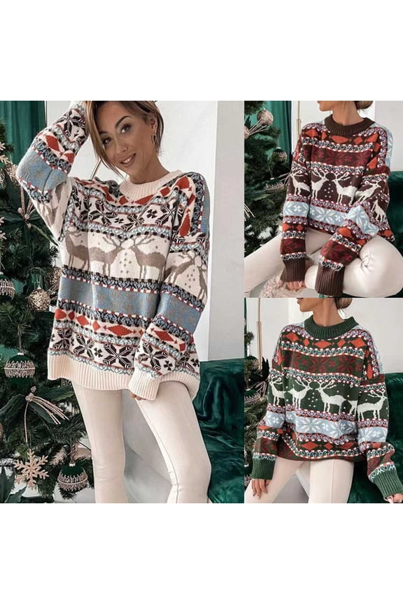 Women's Fashion Round Neck Loose Print Long-Sleeved Fall And Winter Sweater for Fall and Winter, Cozy and Stylish, Ideal for Seasonal Wear,Brown,Size L