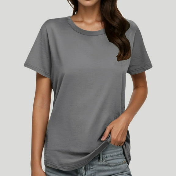 Women's Fashion Round Neck Plus Size Short Sleeved Solid Color T Shirt Top Long Sleeve Running Shirts Womens Athletic Wear Stretch Shirts Women Loose Fit Womens Top Womens Work Out Shirts Pack Long