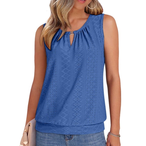 Women's Fashion Round Neck Sleeveless Tank Top, Solid Color Casual Top for Summer and Layering,Blue,2XL