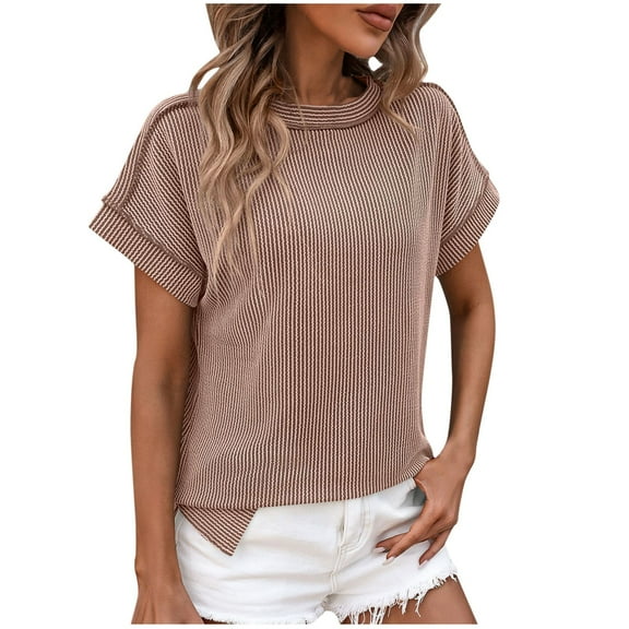 Women's Fashion Round Neck Solid Color Knitwear Loose Short Sleeve Top - Twist Stitch Design, Casual Summer T-shirt for Everyday Wear, Comfortable and Relaxed Fit, Available in Multiple Sizes