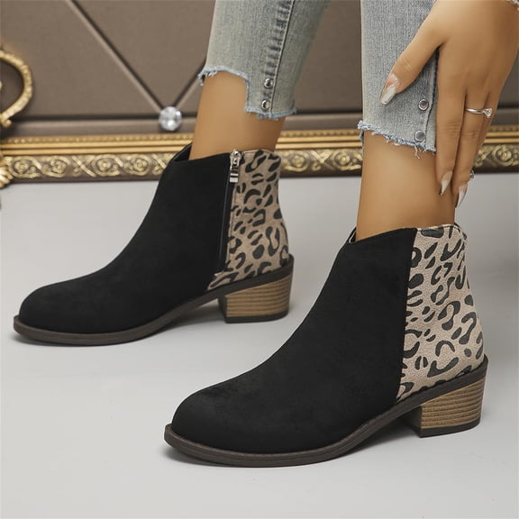 Women's Fashion Round-Toe Leopard Print Chunky Heel Large Size Fashion Boots Black