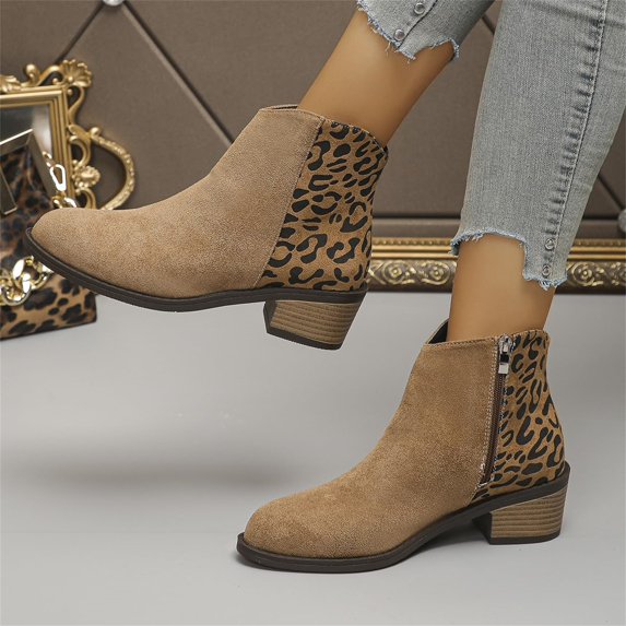 Women's Fashion Round-Toe Leopard Print Chunky Heel Large Size Fashion Boots Camel