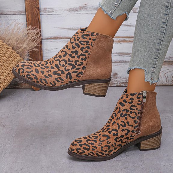 Women's Fashion Round-Toe Leopard Print Chunky Heel Large Size Fashion Boots Leopard Print