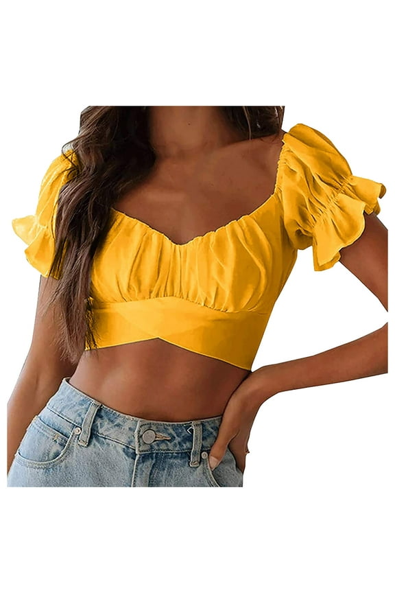 Women's Fashion Ruffle Crop Tie Back Blouse Off Shoulder Short Sleeve Up Top Casual Summer T-Shirt