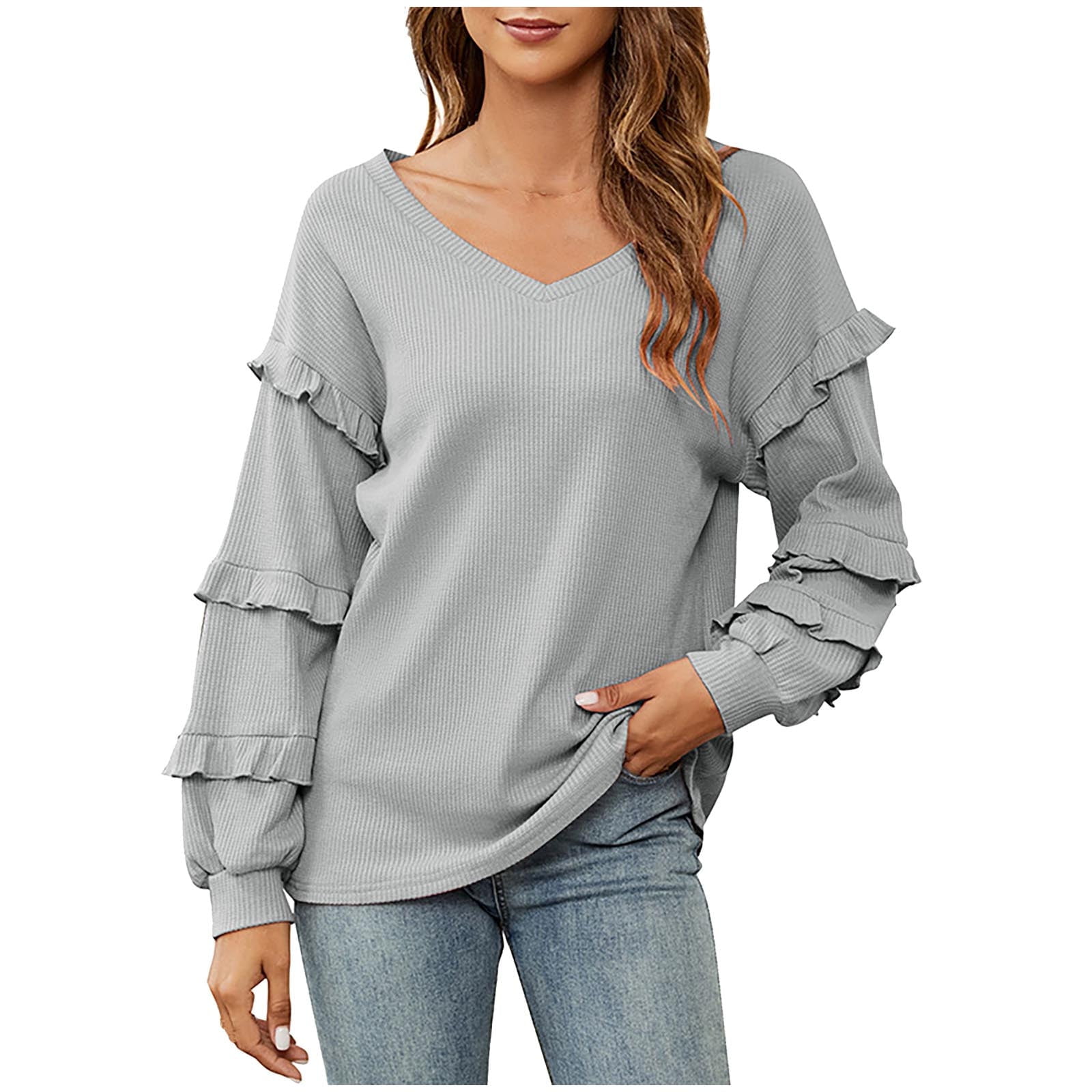 Women s Fashion Ruffle Tiered Long Sleeve Sweater Tops Casual Cute V Neck Loose Plain Sweatshirt Blouses X Large Gray Walmart