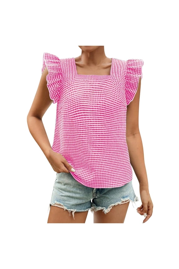 Women's Fashion Ruffled Flutter Sleeves Checkered Blouse Casual Square-Neck Loose Top Shirts