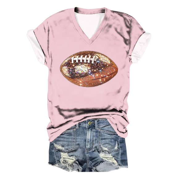 Women's Fashion Rugby Print V Neck Short Sleeve Printed T Shirt Top