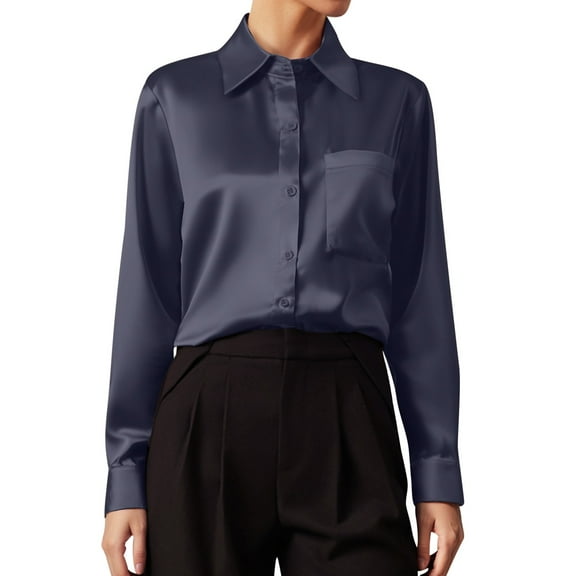 Women's Fashion Satin Long Sleeve V Neck Solid Color Business Shirt Top 1