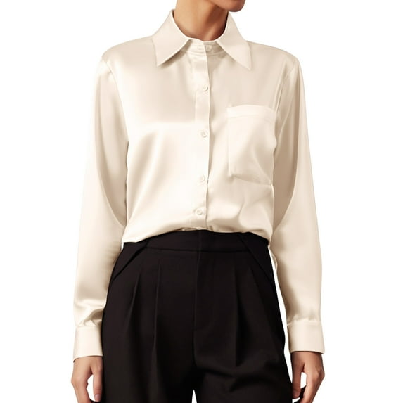 Women's Fashion Satin Long Sleeve V Neck Solid Color Business Shirt Top 1