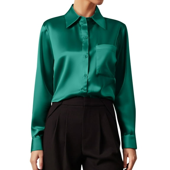 Women's Fashion Satin Long Sleeve V Neck Solid Color Business Shirt Top